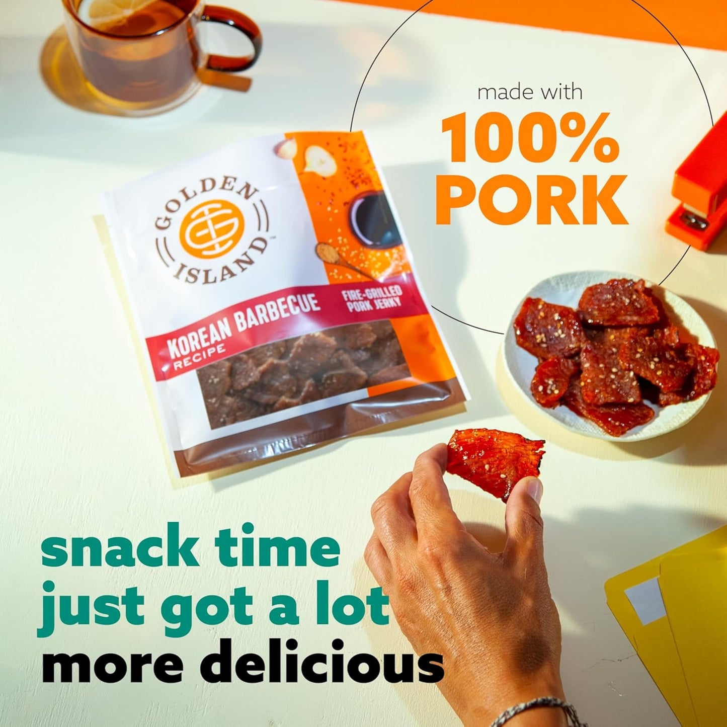 Golden Island Pork Jerky Korean BBQ Flavored, Specialty Meat Snack, Gluten Free with Korean Barbecue Seasoning, Bite Sized Sweet and Savory Protein Snack, 7g of Protein Per Serving, 9 Oz (2 Pack) - Collins Global Snack Store