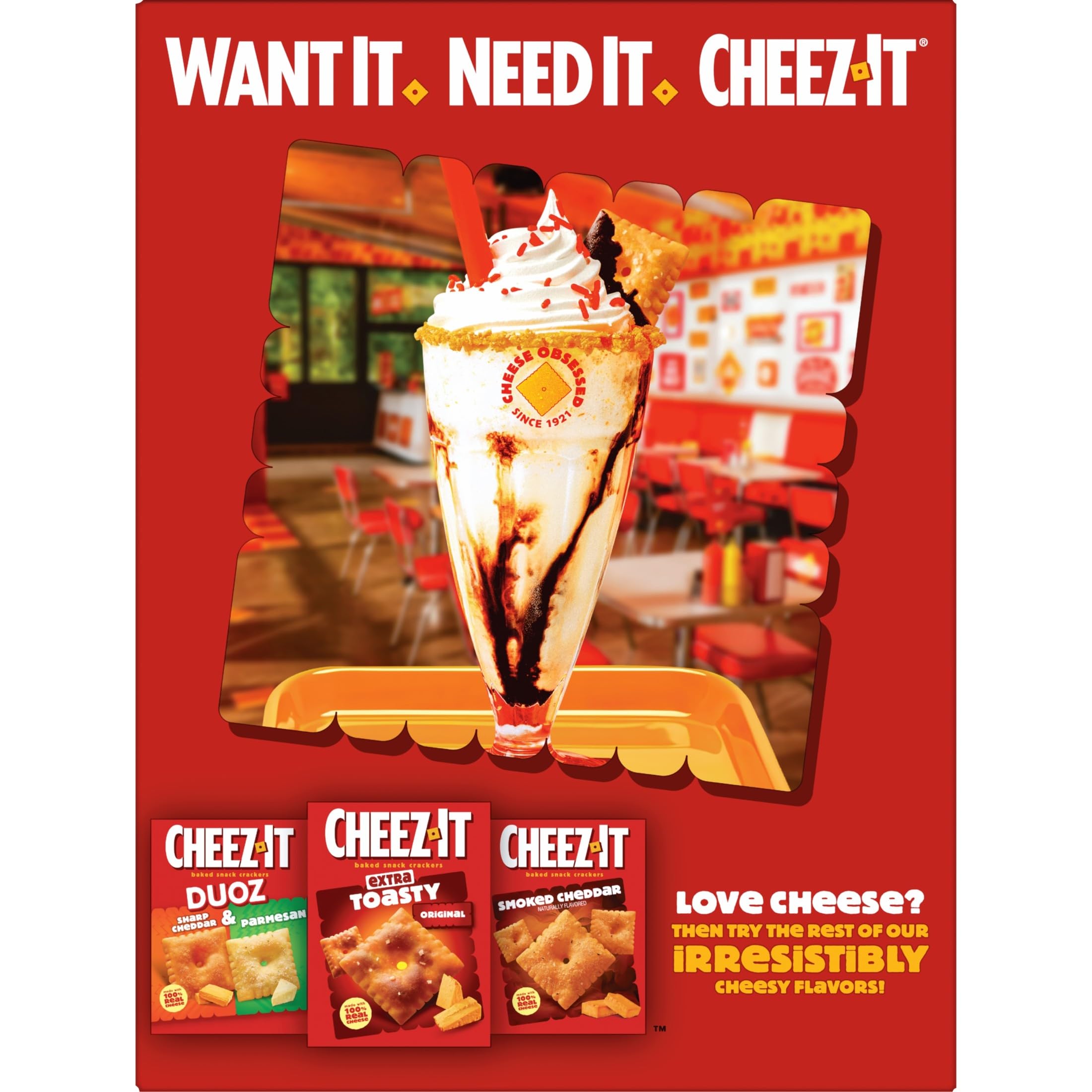 Cheez-It Hot and Spicy Crackers product promotion with an ice cream sundae and Cheez-It snack varieties.
