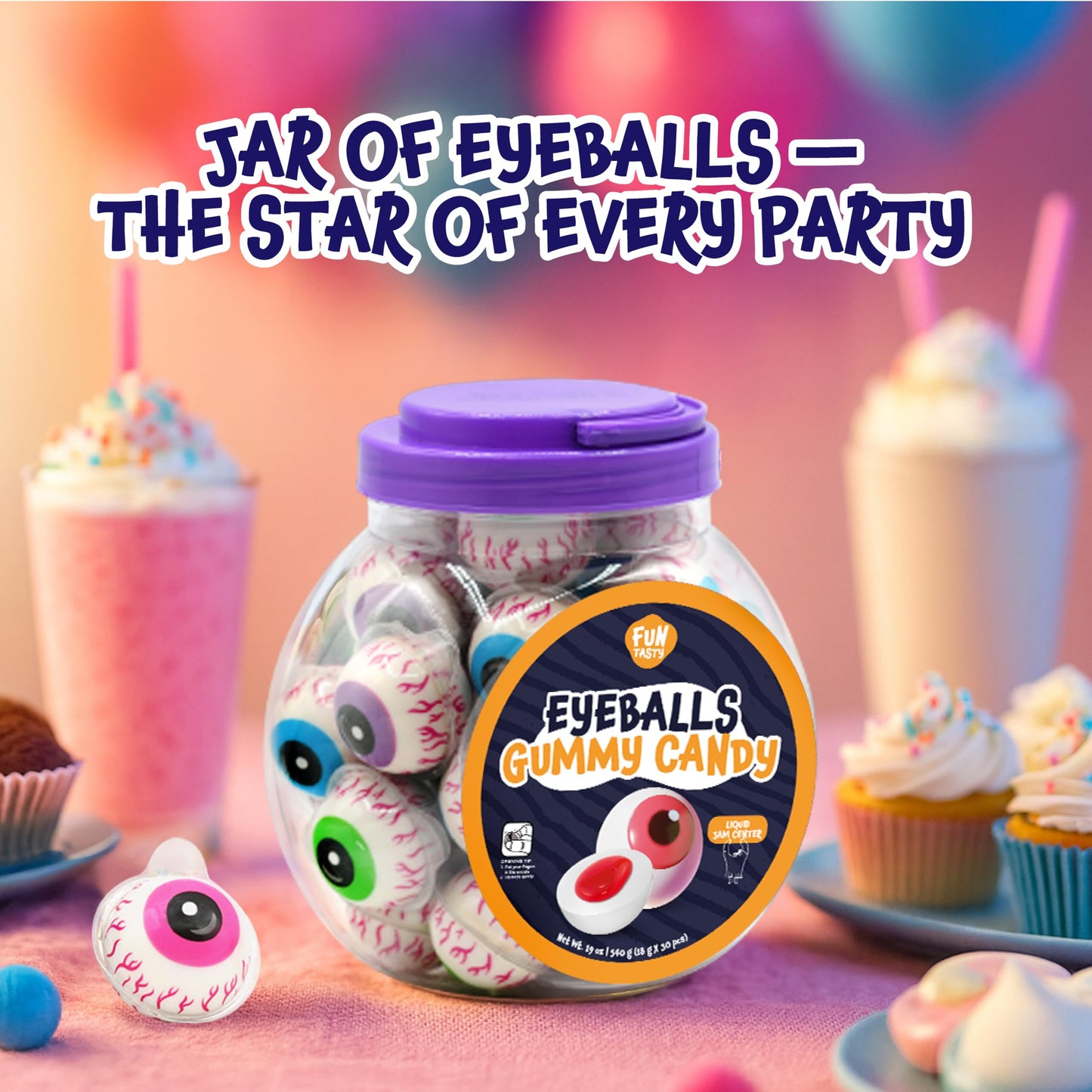 Funtasty Eyeballs Gummy Candy - 19 Oz Jar (30 Count) - Strawberry Jelly Filled Spooky Eyes Gummies