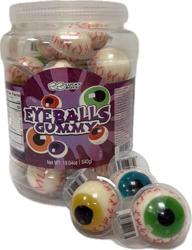 eyeball gummy candy Halloween in a clear jar with colorful gummy eyeballs ready for spooky treats.
