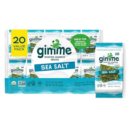 gimMe Organic Roasted Seaweed Sheets, Sea Salt, Keto, Vegan, Gluten Free, Great Source of Iodine and Omega 3’s, Healthy On-The-Go Snack for Kids & Adults, #1 Sea Salt, 0.17 Ounce (Pack of 20) - Collins Global Snack Store