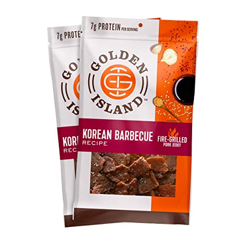 Golden Island Pork Jerky Korean BBQ Flavored, Specialty Meat Snack, Gluten Free with Korean Barbecue Seasoning, Bite Sized Sweet and Savory Protein Snack, 7g of Protein Per Serving, 9 Oz (2 Pack) - Collins Global Snack Store