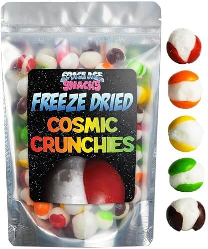 Cosmic Crunchies Freeze-Dried Candy package with colorful candy pieces inside, showcasing a fun and unique treat.