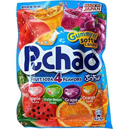 Puchao Japanese Chewy Candy, 4 Fruit Soda Flavors - Apple, Watermelon, Grape, Orange, Soft Candy with Fizzy Gummy Bits Inside, As Seen on TikTok, Variety Pack, Product of Japan - Collins Global Snack Store