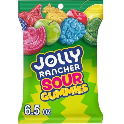 JOLLY RANCHER Sour Gummies assorted fruit flavored candy bag, 6.5 oz, featuring vibrant colors and shapes.