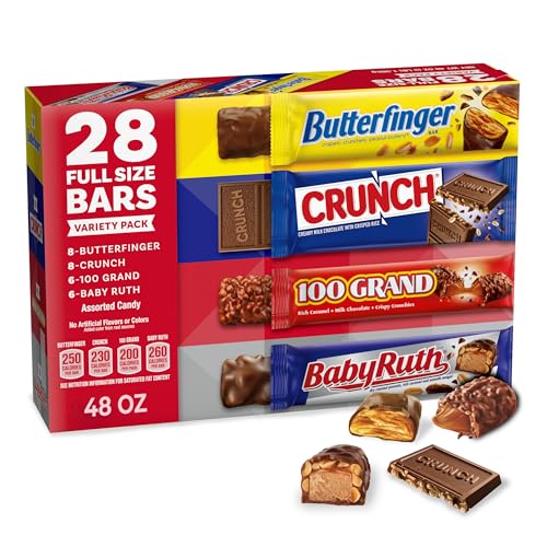 Butterfinger, CRUNCH, Baby Ruth, 100 Grand, Assorted Bulk Candy Bar Variety Pack Full Size, 28-Count, 48 oz - Collins Global Snack Store