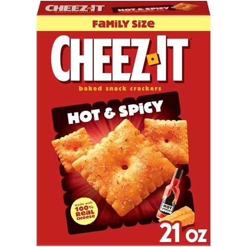 Cheez-It Hot and Spicy Crackers 21oz Family Box with crispy cheese-flavored crackers and spicy kick.