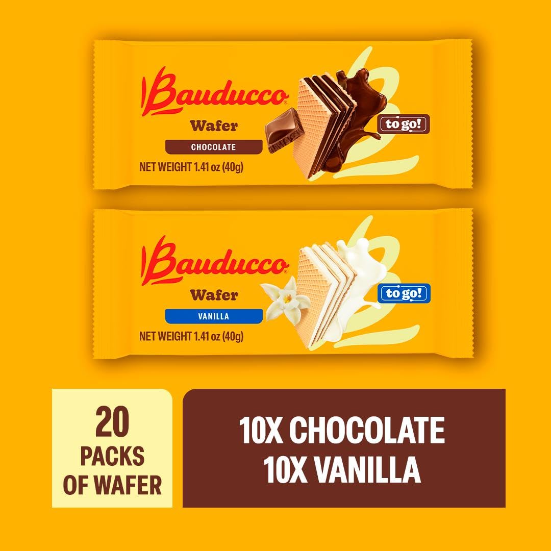 Bauducco Chocolate & Vanilla Wafer Cookies - Convenient Single Serve Wafer Cookies With 3 Layers of Cream - Delicious Sweet Snack on the go or Dessert 28.2oz (Pack of 20) - Collins Global Snack Store