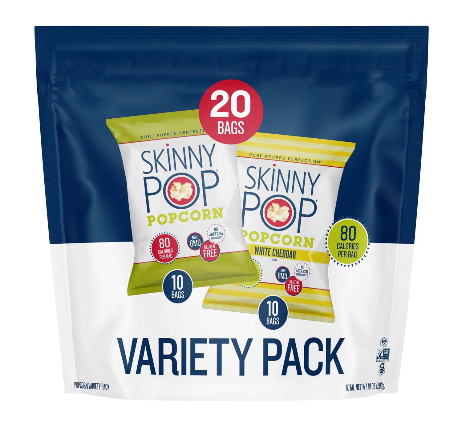 SkinnyPop Family Favorite Variety Pack featuring 20 bags of delicious popcorn in assorted flavors.