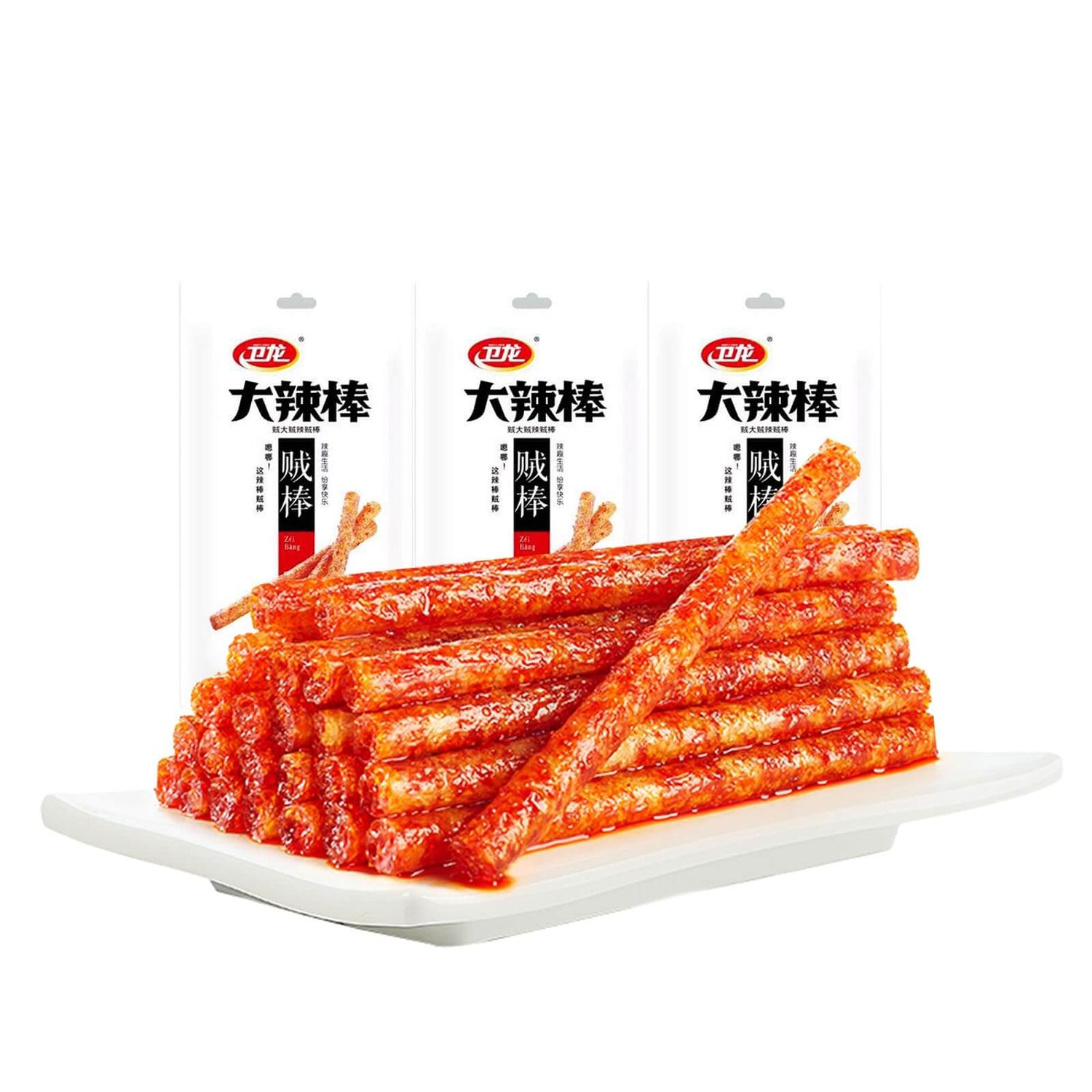 Chinese Spicy Latiao Gluten Strips arranged on a plate with vibrant red color and authentic packaging.
