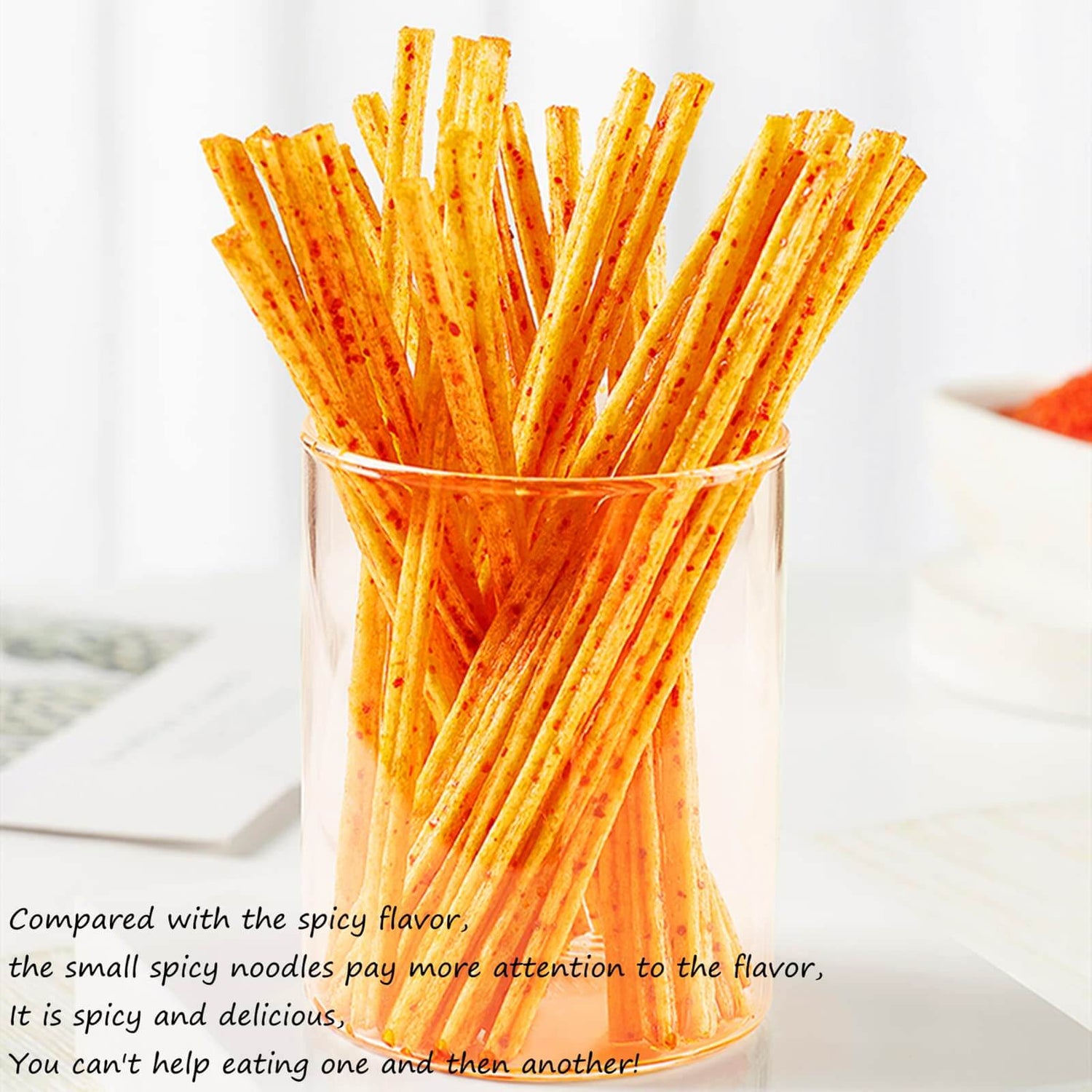 Chinese Spicy Latiao Gluten Strips in a clear glass container, showcasing their vibrant color and crunchy texture.