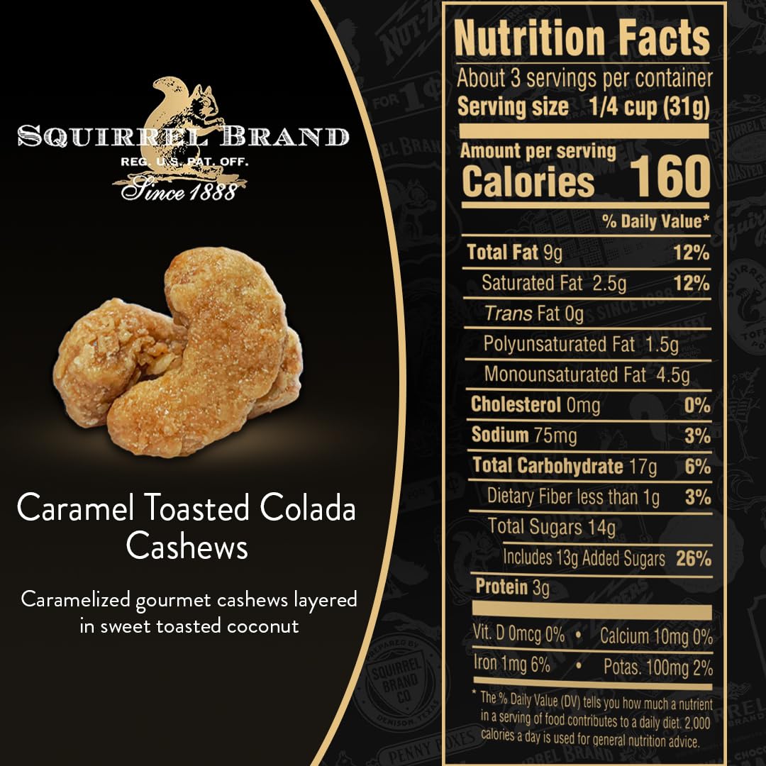 Squirrel Brand Sweet Brown Butter Cashews, 3.5 Ounces Resealable Bag, Gluten Free, Vegetarian - Collins Global Snack Store