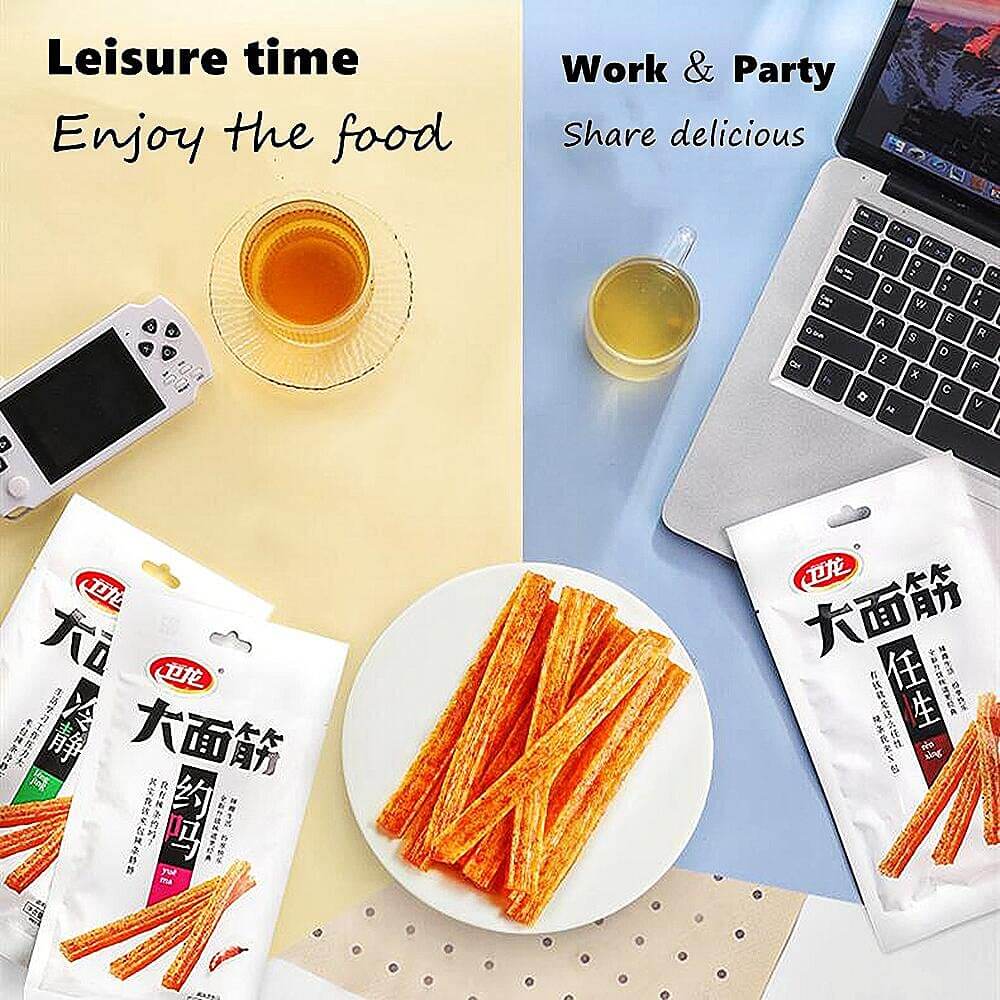 Viral TikTok Chinese Latiao Strips displayed with drinks and gaming console, perfect for leisure time and parties.