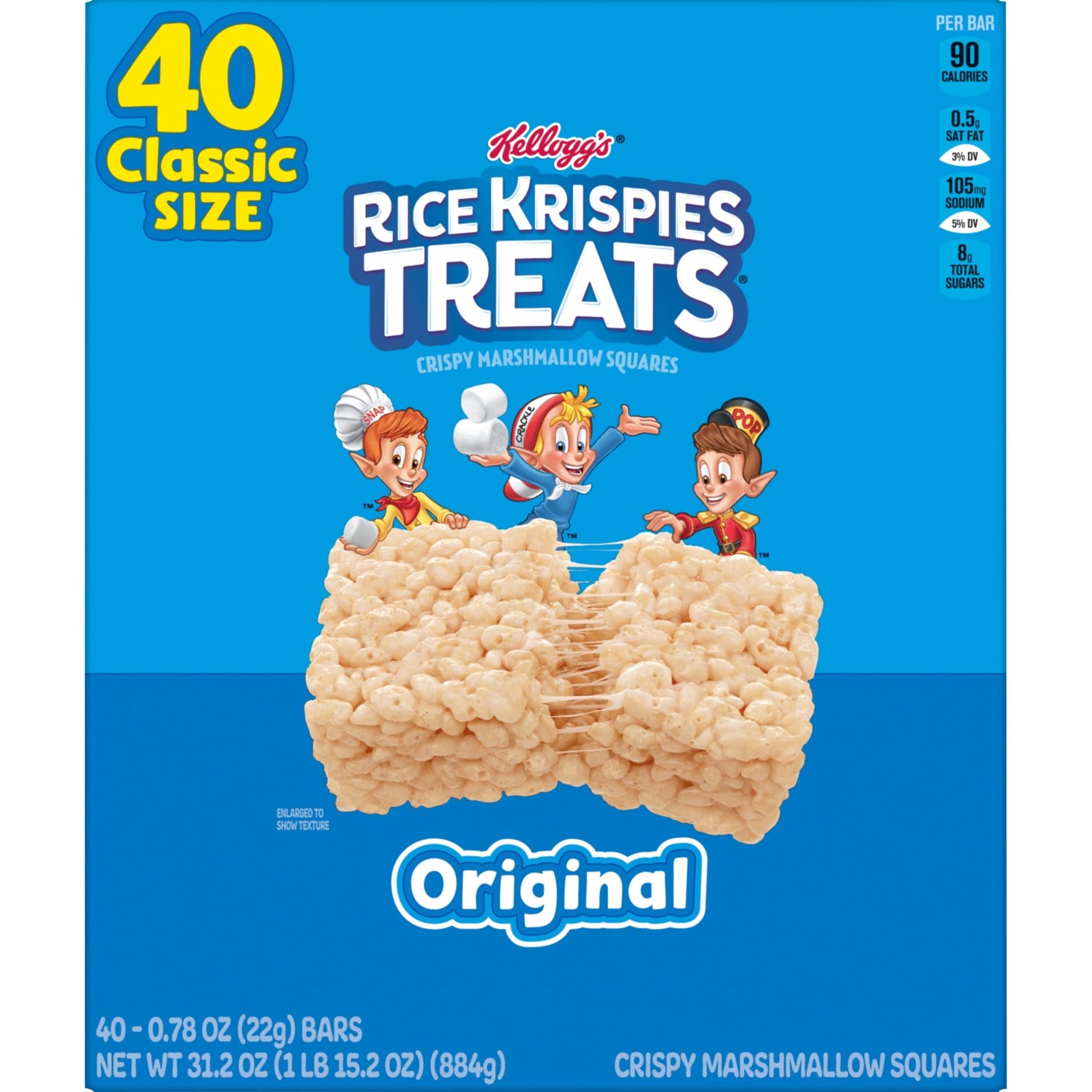 Rice Krispies Treats Crispy Marshmallow Squares, Kids Snacks, Snack Bars, Original, 31.2oz Box (40 Bars) - Collins Global Snack Store