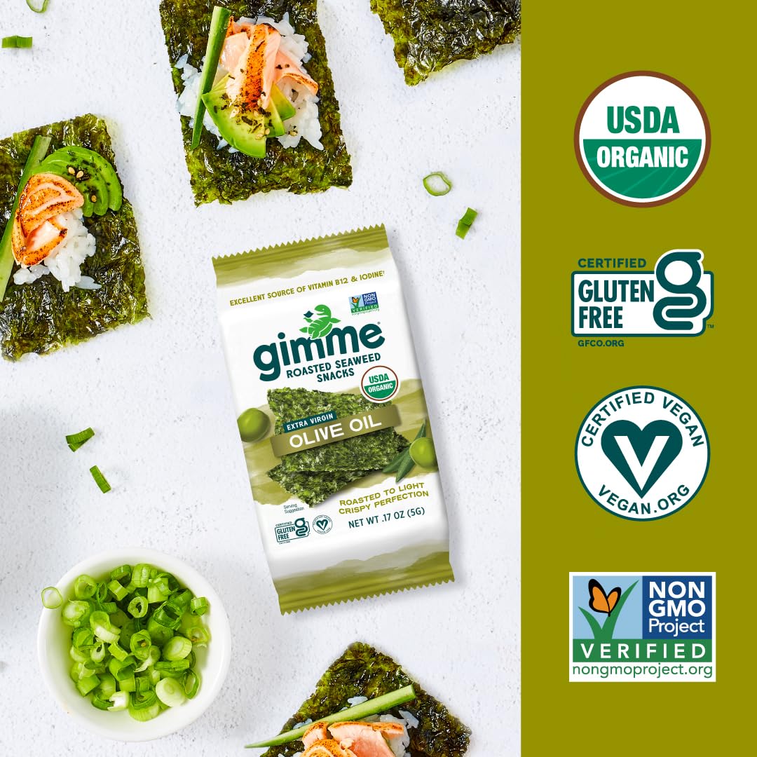 gimMe Organic Roasted Seaweed Sheets, Sea Salt, Keto, Vegan, Gluten Free, Great Source of Iodine and Omega 3’s, Healthy On-The-Go Snack for Kids & Adults, #1 Sea Salt, 0.17 Ounce (Pack of 20) - Collins Global Snack Store