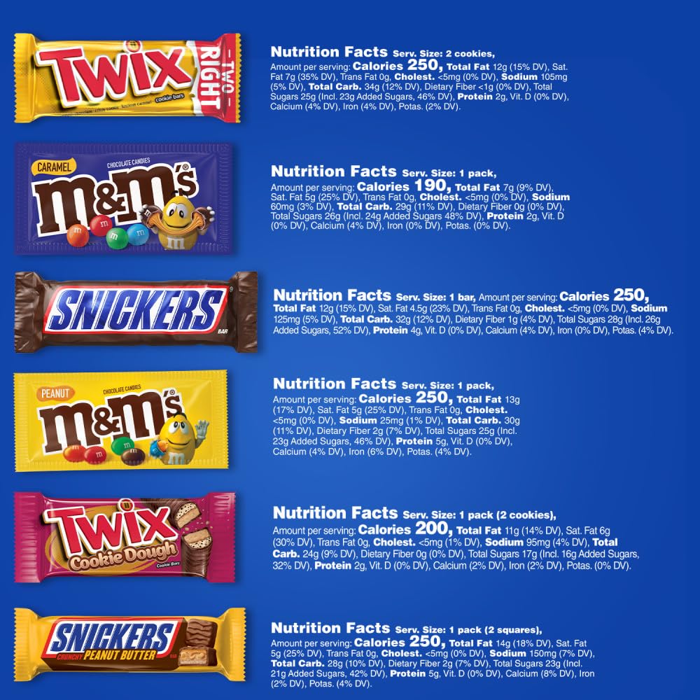 Mars M&M'S Peanut, M&M'S Caramel, SNICKERS Original, SNICKERS Peanut Butter Squared, TWIX Original and TWIX Cookie Dough Variety Pack Full Size Individually Wrapped Milk Chocolate Candy Bars, 18 Ct - Collins Global Snack Store