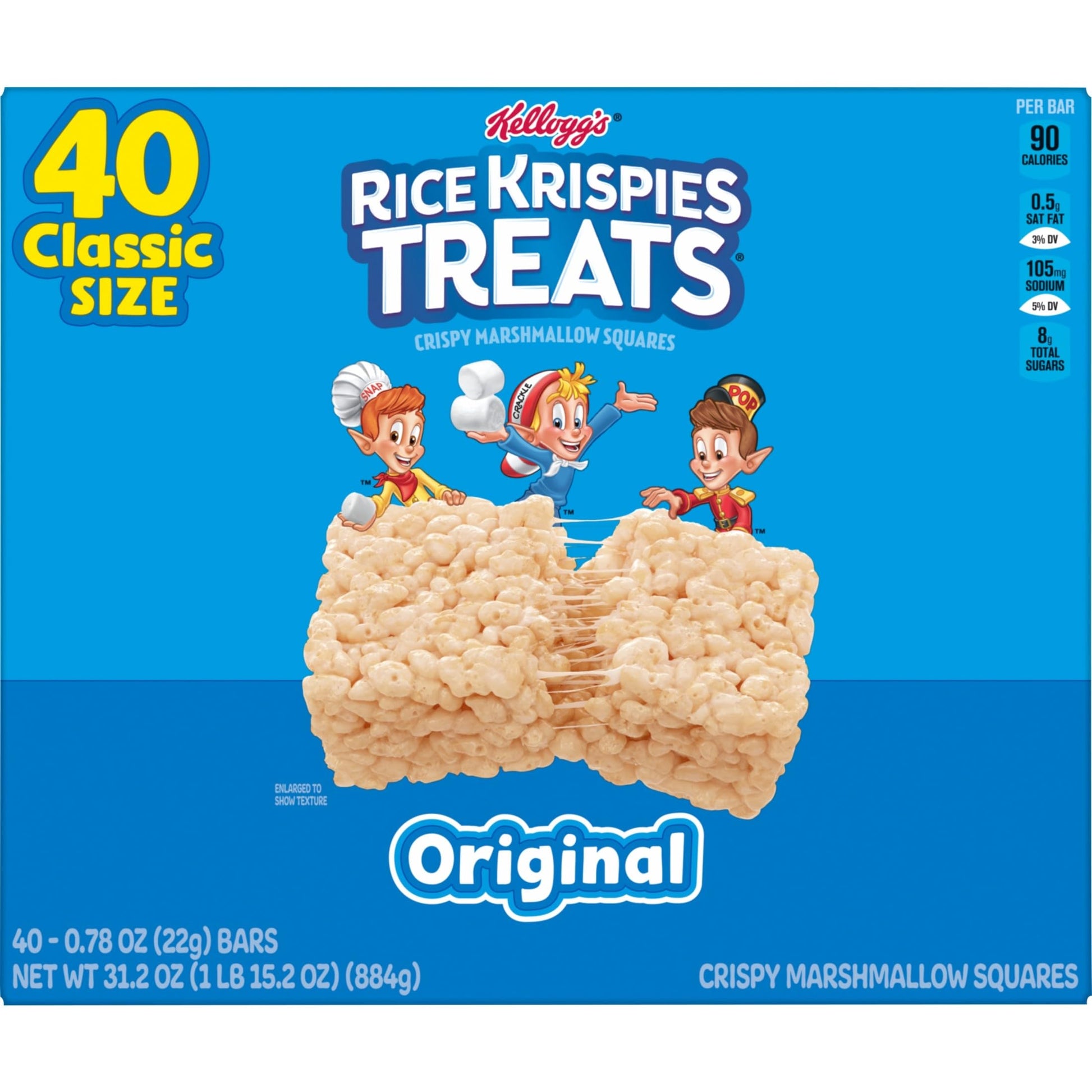 Rice Krispies Treats Crispy Marshmallow Squares, Kids Snacks, Snack Bars, Original, 31.2oz Box (40 Bars) - Collins Global Snack Store