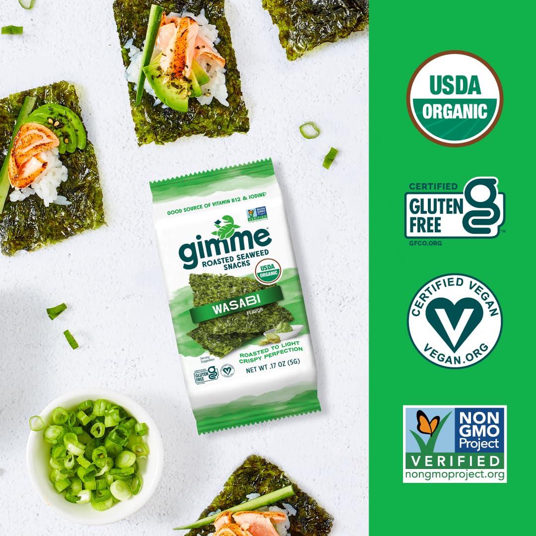 gimMe Organic Roasted Seaweed Sheets, Sea Salt, Keto, Vegan, Gluten Free, Great Source of Iodine and Omega 3’s, Healthy On-The-Go Snack for Kids & Adults, #1 Sea Salt, 0.17 Ounce (Pack of 20) - Collins Global Snack Store