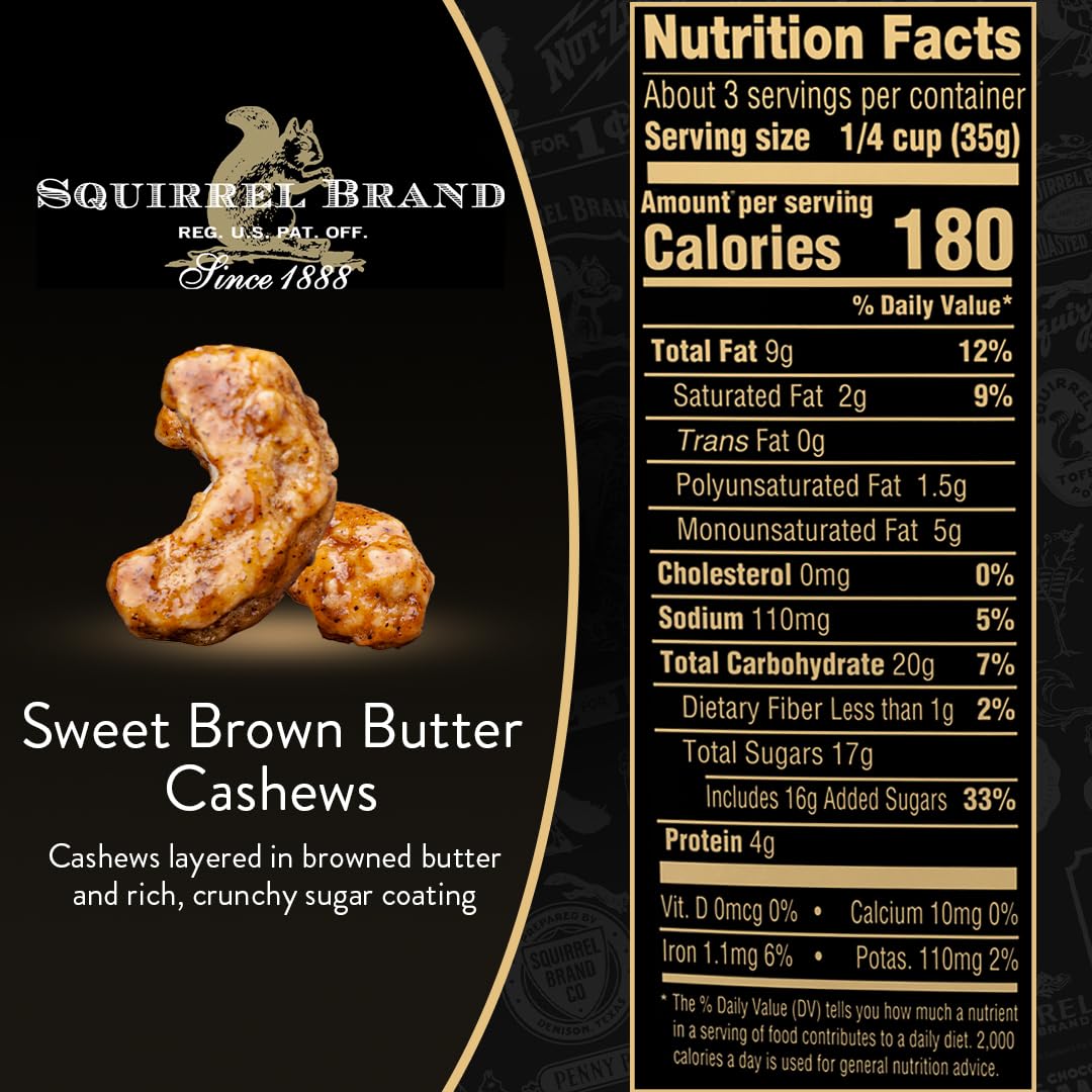 Squirrel Brand Sweet Brown Butter Cashews, 3.5 Ounces Resealable Bag, Gluten Free, Vegetarian - Collins Global Snack Store