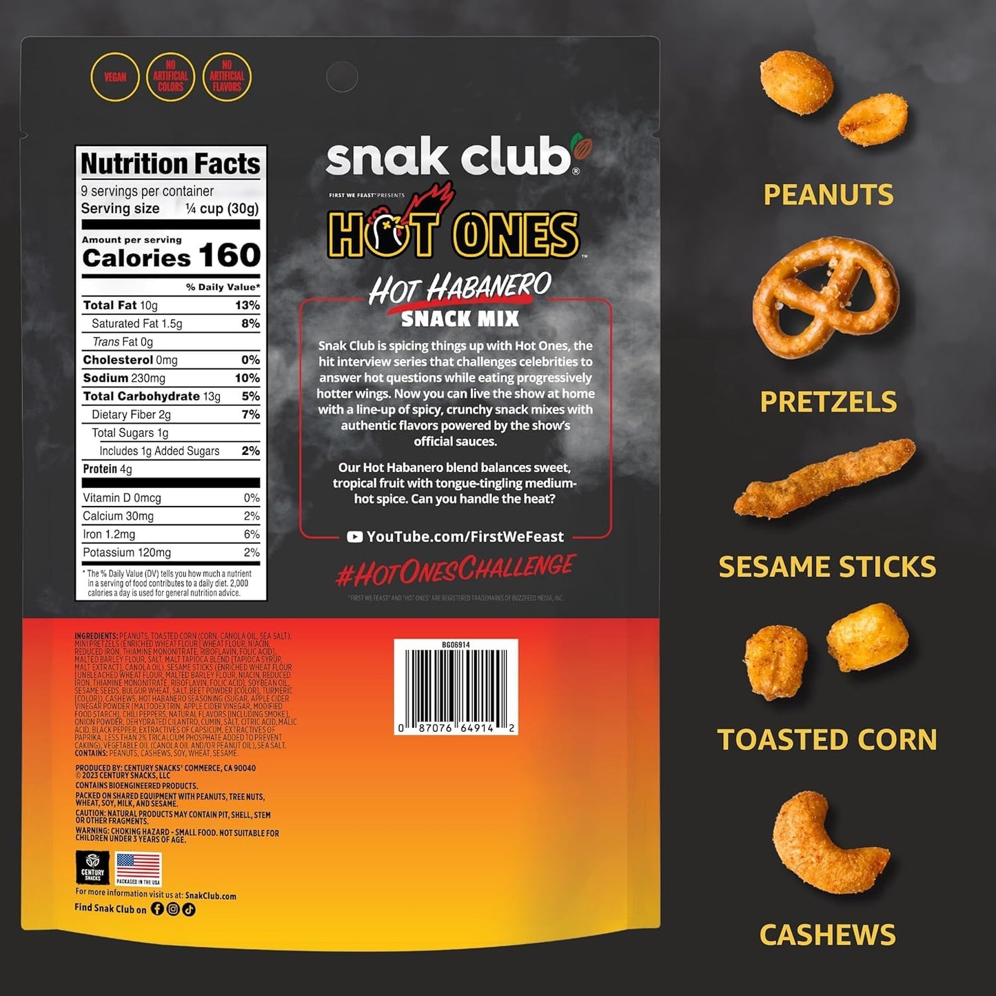 Trending Snak Club x Hot Ones Hot Habanero Snack Mix, Spicy Snacks with Peanuts, Pretzels, Sesame Sticks, Toasted Corn & Cashews, Inspired by Hot Ones Hot Sauce, 10 oz Bag