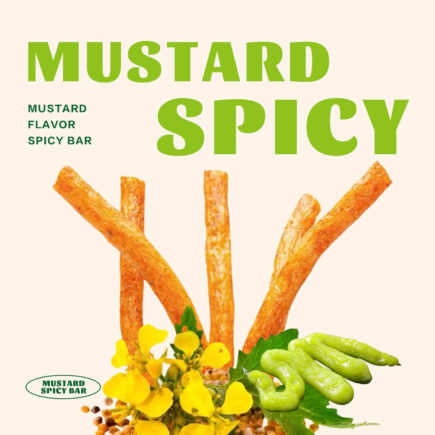 Chinese Spicy Latiao Gluten Strips on a vibrant background with mustard flavor and spicy bar elements.