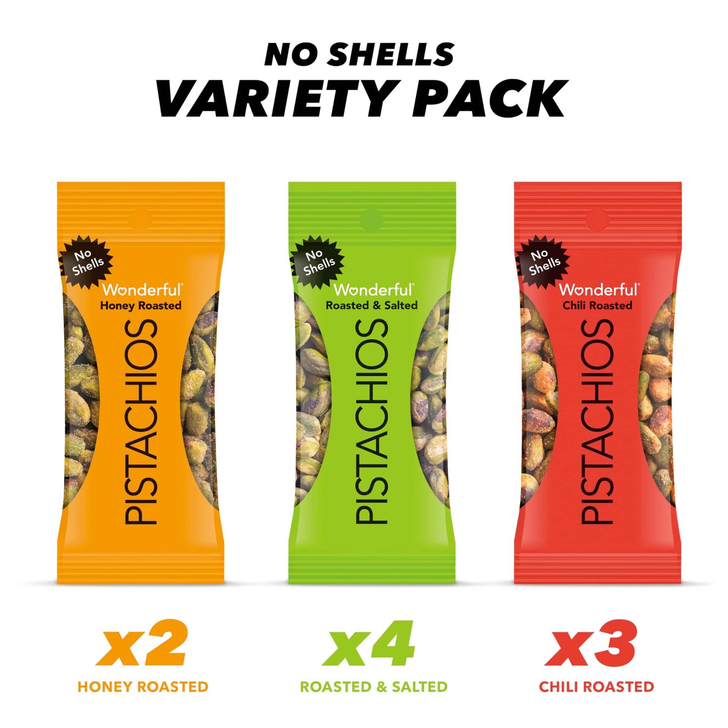Wonderful Pistachios No Shells, 3 Flavors Mixed Variety Pack of 9 (0.75 Ounce), Roasted & Salted Nuts (4), Chili (3), Honey (2), Protein Snacks, Gluten Free, Pantry Staples, Healthy Snacks Variety Pack for Adults, Stocking Stuffers - Collins Global Snack Store