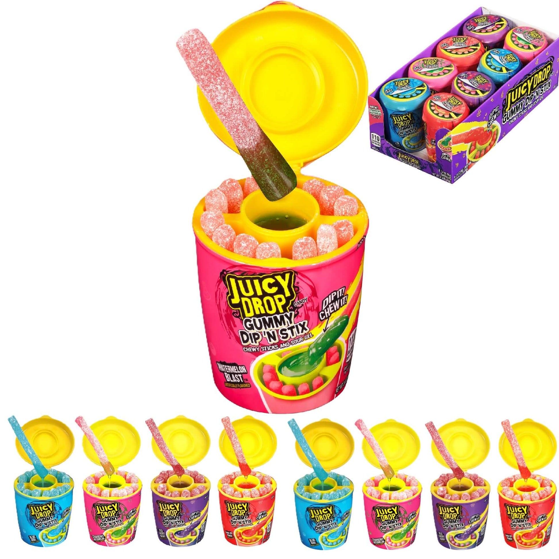 Juicy Drop Gummy Dip 'N Stix Assorted Candy Variety Pack, Sweet Gummy Sticks W/ Sour Dipping Gel, 8 Pack, Assorted For Kids Parties and Party Favors, Sour Candy Variety for Kids - Collins Global Snack Store