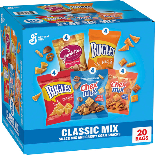 Classic Mix Snack Variety Pack, Bugles Original and Nacho Cheese, Gardetto's Original Recipe, Chex Mix Traditional and Cheddar, 20 Ct, 28 oz - Collins Global Snack Store
