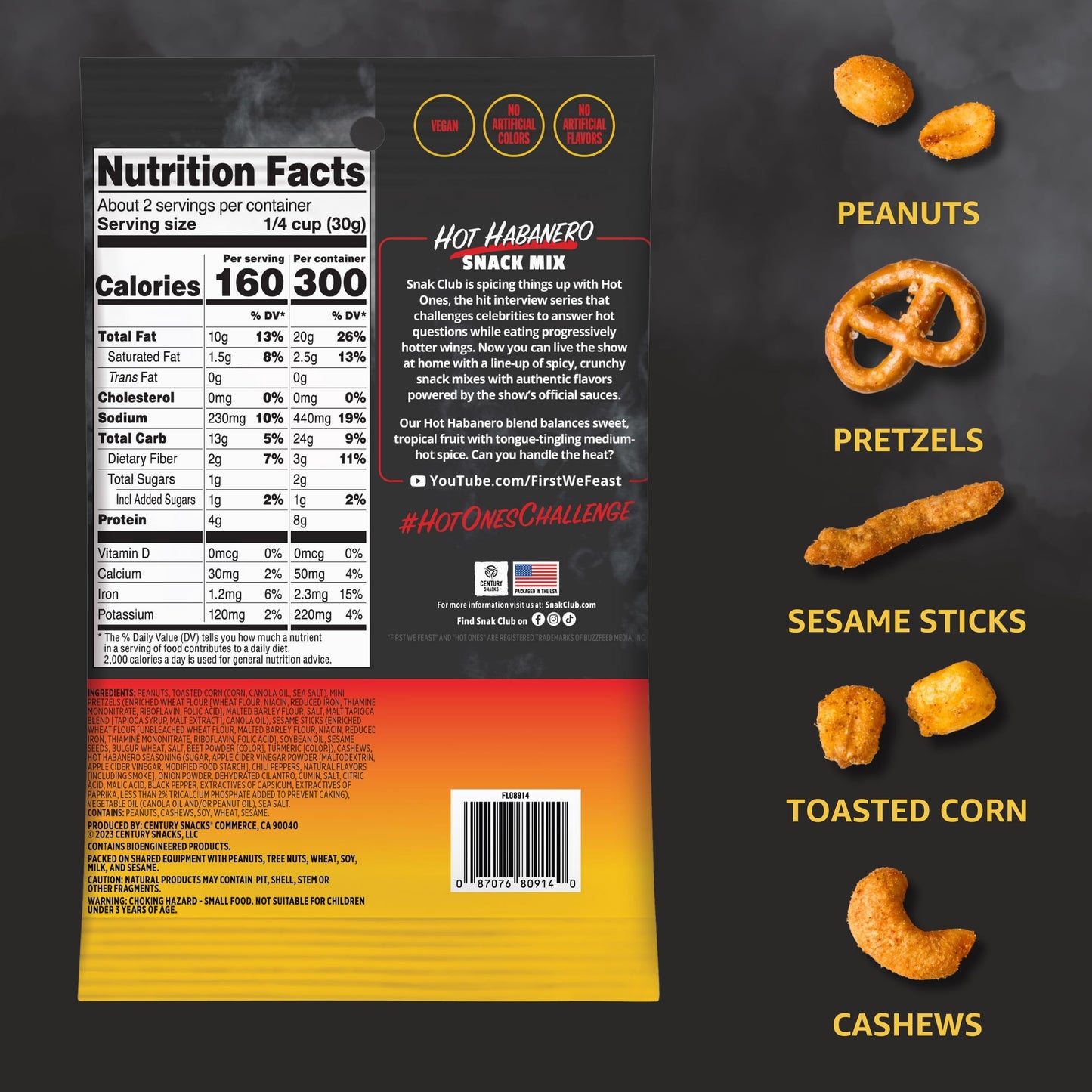 Trending Snak Club x Hot Ones Hot Habanero Snack Mix, Spicy Snacks with Peanuts, Pretzels, Sesame Sticks, Toasted Corn & Cashews, Inspired by Hot Ones Hot Sauce, 10 oz Bag