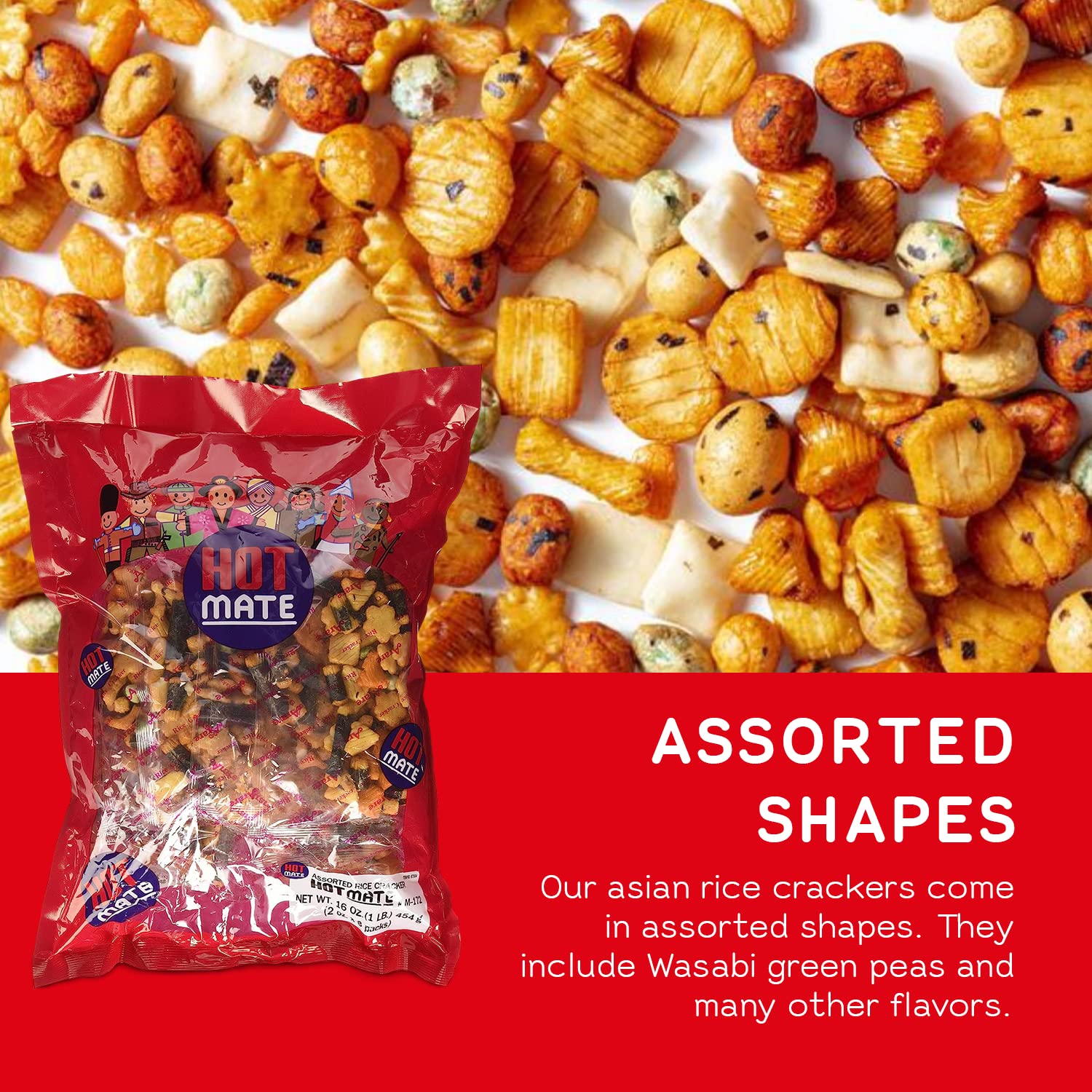 Shirakiku Hot Mate Japanese Rice Cracker | Oriental Asian Arare Rice Crackers with Glutinous Rice, Wasabi Green Peas, and Soy Sauce | Mixed Flavor, 16 oz. (Pack of 1) - Collins Global Snack Store