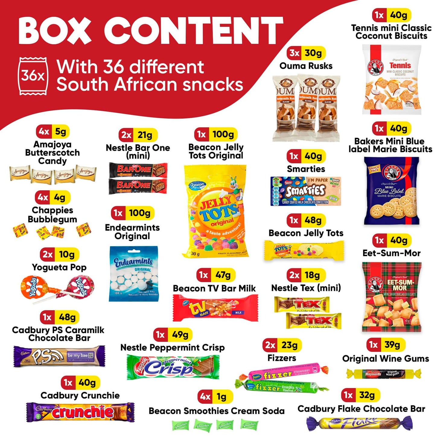 Treats from Home South African Snacks Food Box | Authentic African Candies, Chocolate Bars, & Treats | Perfect Christmas Gifts Includes Ouma Rusks, Smarties, & More | Best South African Products Care Package for Gifting & Sharing - 36 Units - Collins Global Snack Store