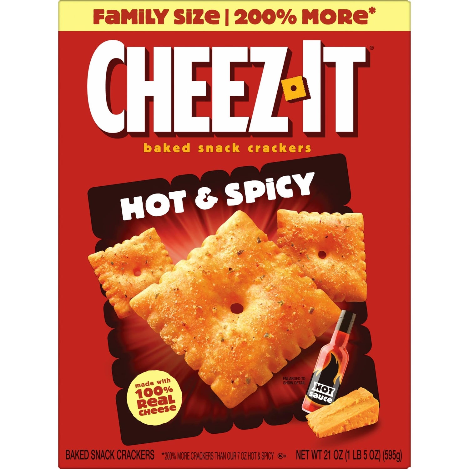 Cheez-It Hot and Spicy Crackers 21oz Family Box with bold seasoning and real cheese.