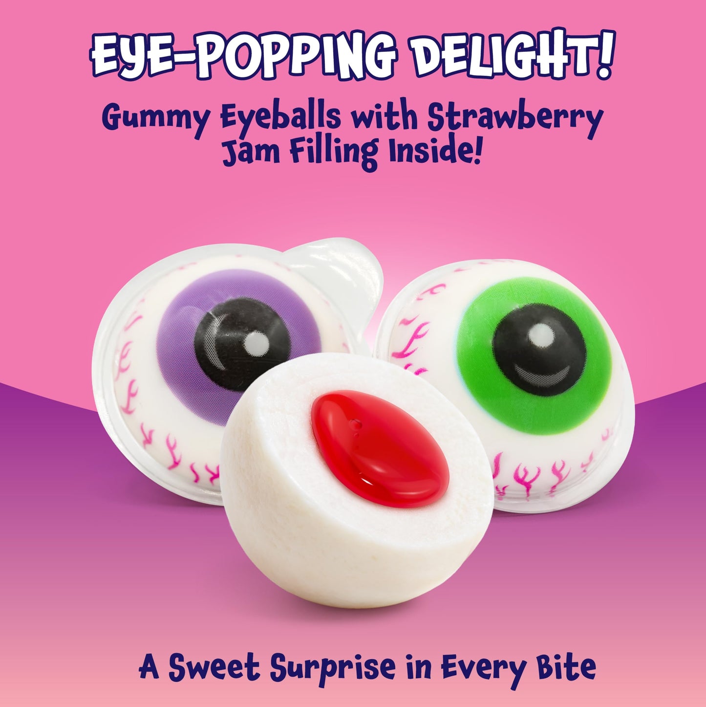 Funtasty Eyeballs Gummy Candy - 19 Oz Jar (30 Count) - Strawberry Jelly Filled Spooky Eyes Gummies