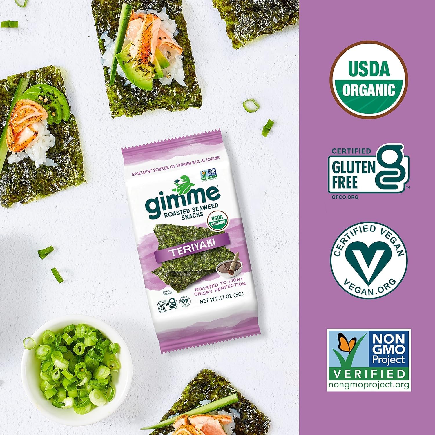 gimMe Organic Roasted Seaweed Sheets, Sea Salt, Keto, Vegan, Gluten Free, Great Source of Iodine and Omega 3’s, Healthy On-The-Go Snack for Kids & Adults, #1 Sea Salt, 0.17 Ounce (Pack of 20) - Collins Global Snack Store