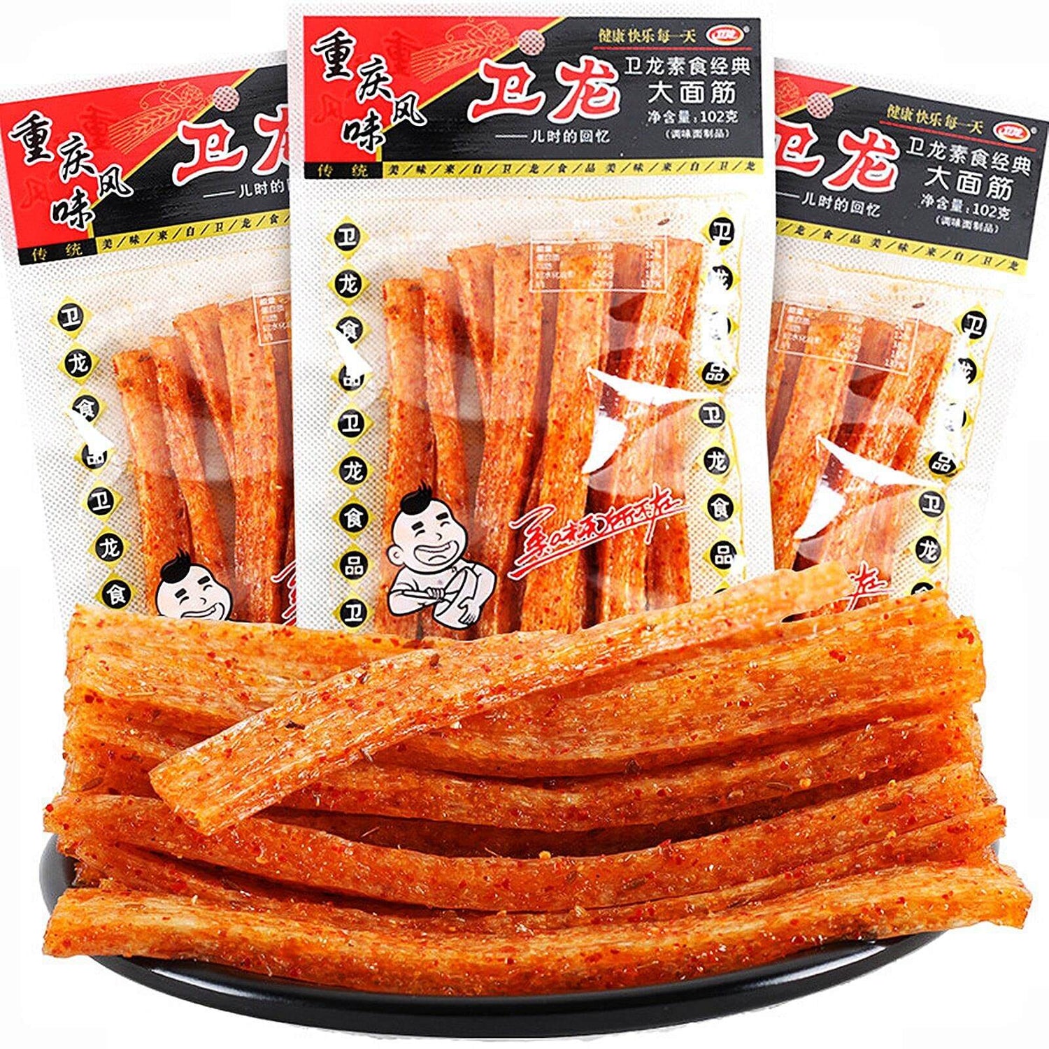 Chinese Spicy Latiao Gluten Strips packets and strips of spicy, chewy snack on a plate.