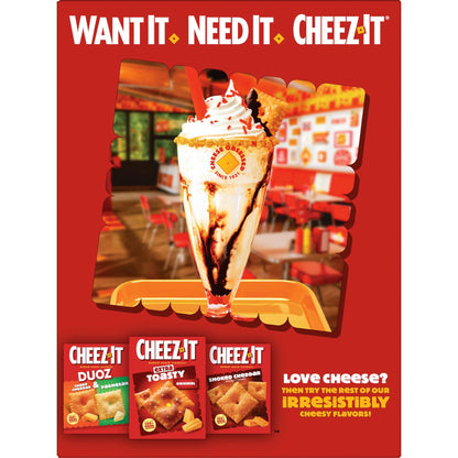 Cheez-It Hot and Spicy Crackers product promotion with an ice cream sundae and Cheez-It snack varieties.