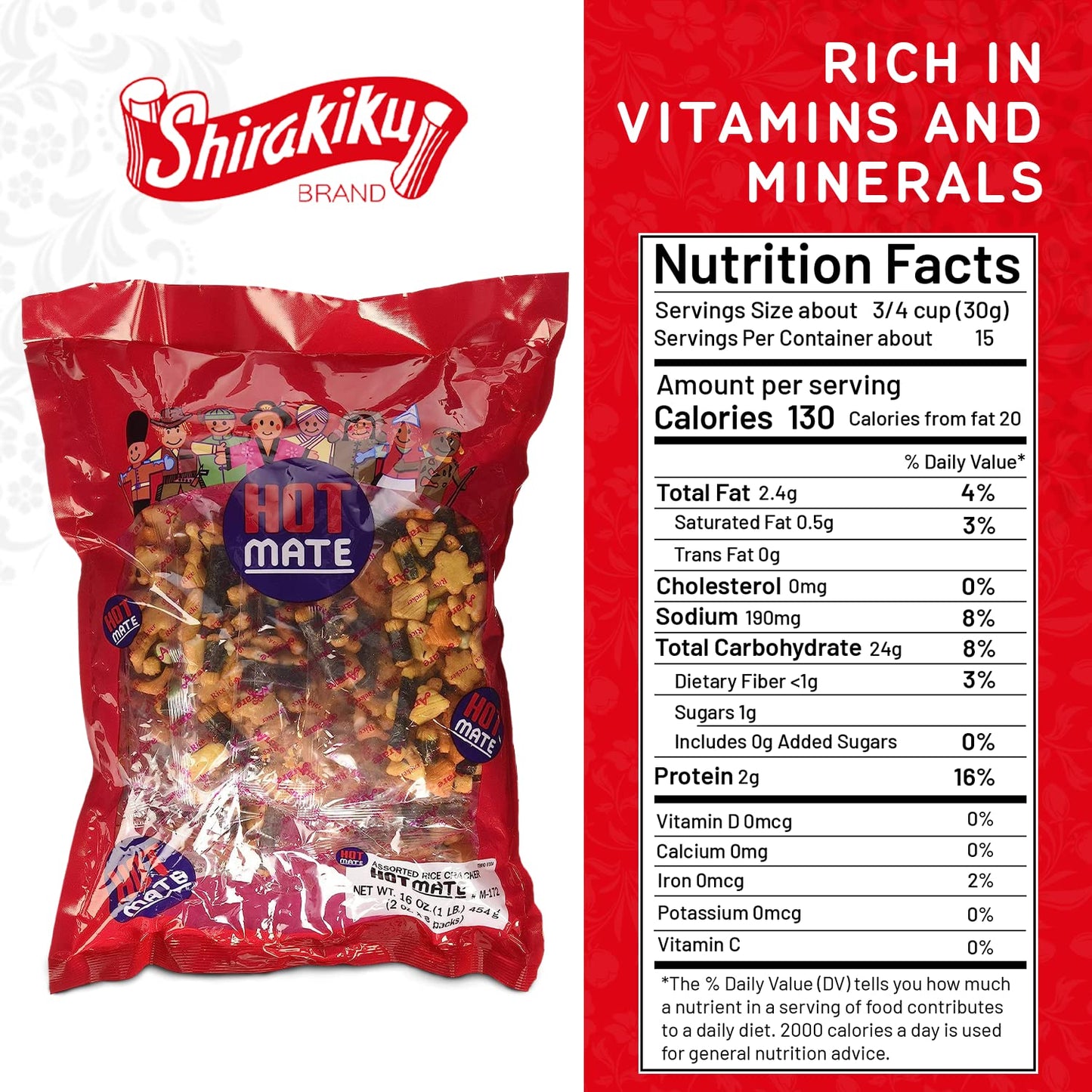 Shirakiku Hot Mate Japanese Rice Cracker | Oriental Asian Arare Rice Crackers with Glutinous Rice, Wasabi Green Peas, and Soy Sauce | Mixed Flavor, 16 oz. (Pack of 1) - Collins Global Snack Store