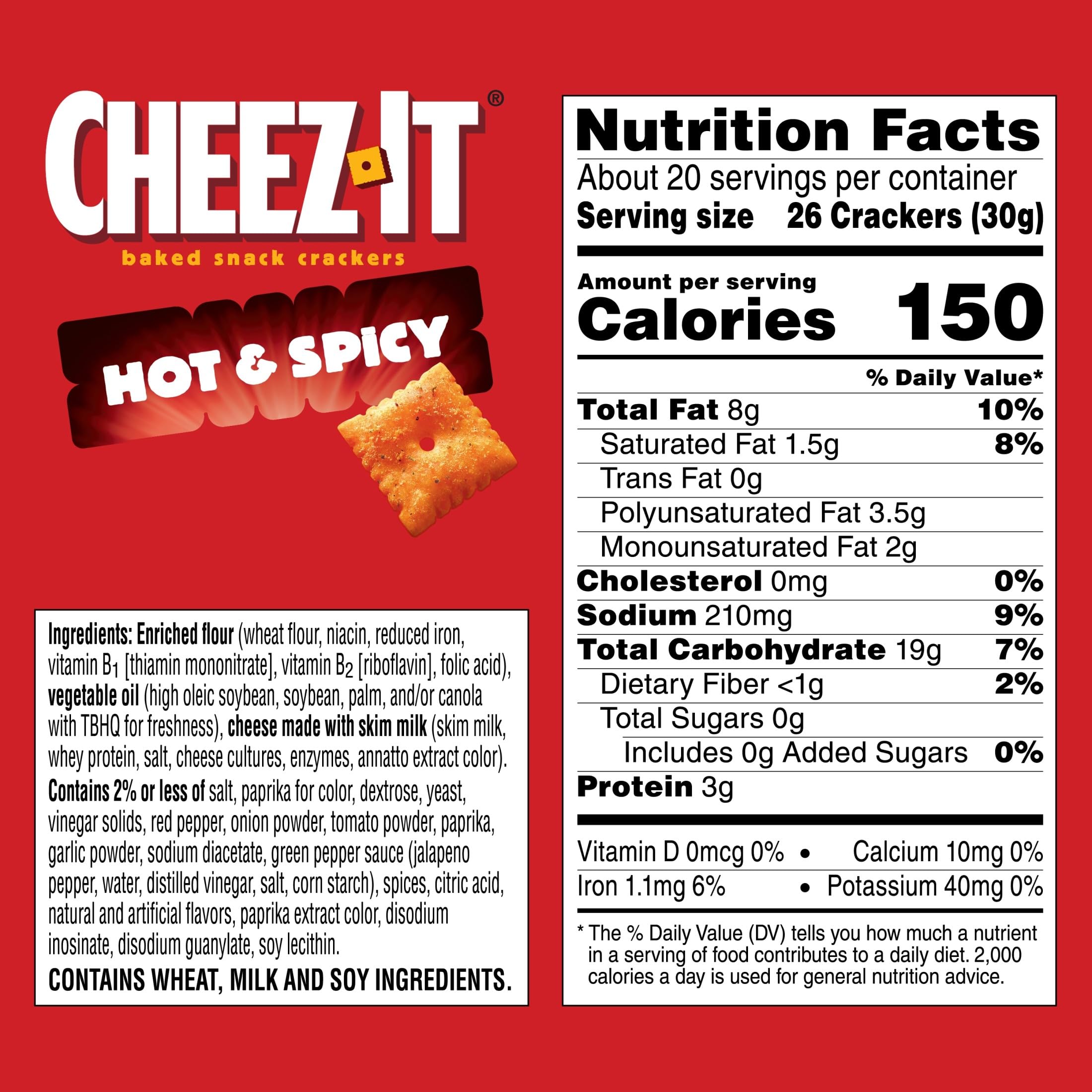 Cheez-It Hot and Spicy Crackers nutrition facts and ingredient list in a 21oz family box.