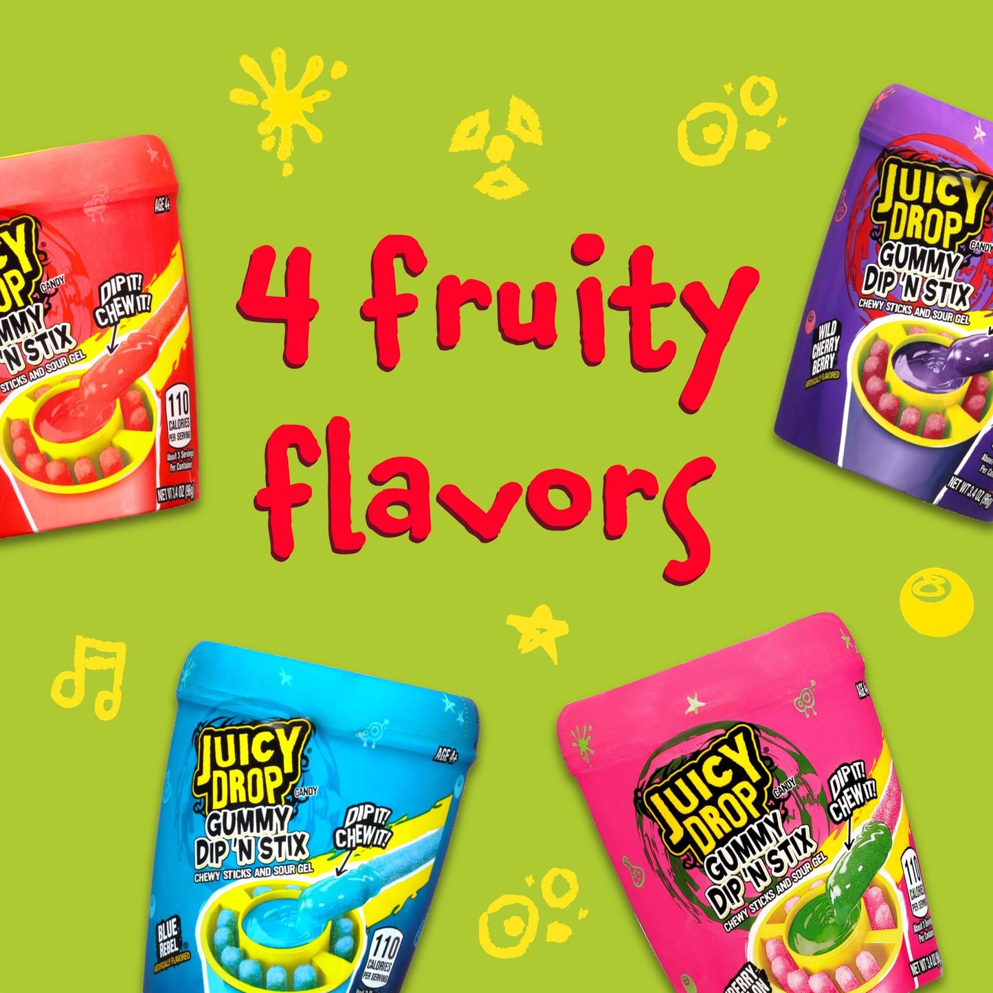 Juicy Drop Gummy Dip 'N Stix Assorted Candy Variety Pack, Sweet Gummy Sticks W/ Sour Dipping Gel, 8 Pack, Assorted For Kids Parties and Party Favors, Sour Candy Variety for Kids - Collins Global Snack Store