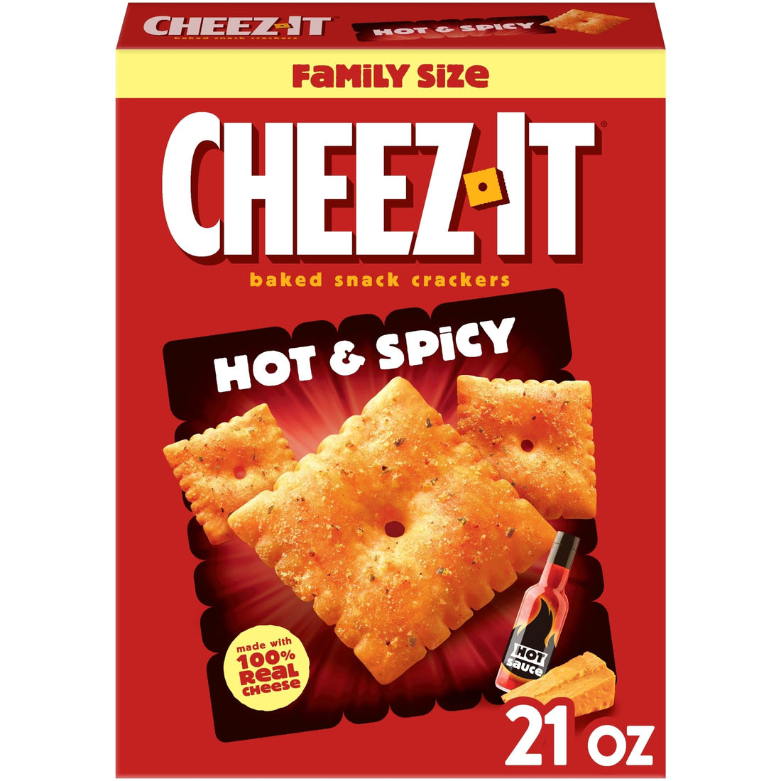 Cheez-It Hot and Spicy Crackers 21oz Family Box featuring bold, spicy flavor and crispy baked texture.