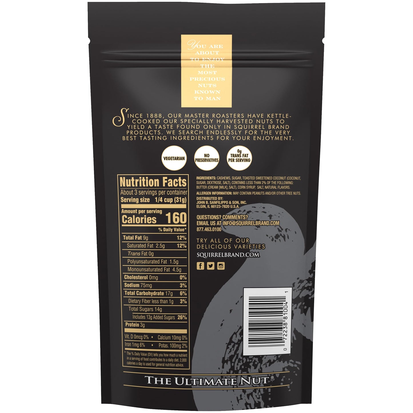 Squirrel Brand Sweet Brown Butter Cashews, 3.5 Ounces Resealable Bag, Gluten Free, Vegetarian - Collins Global Snack Store