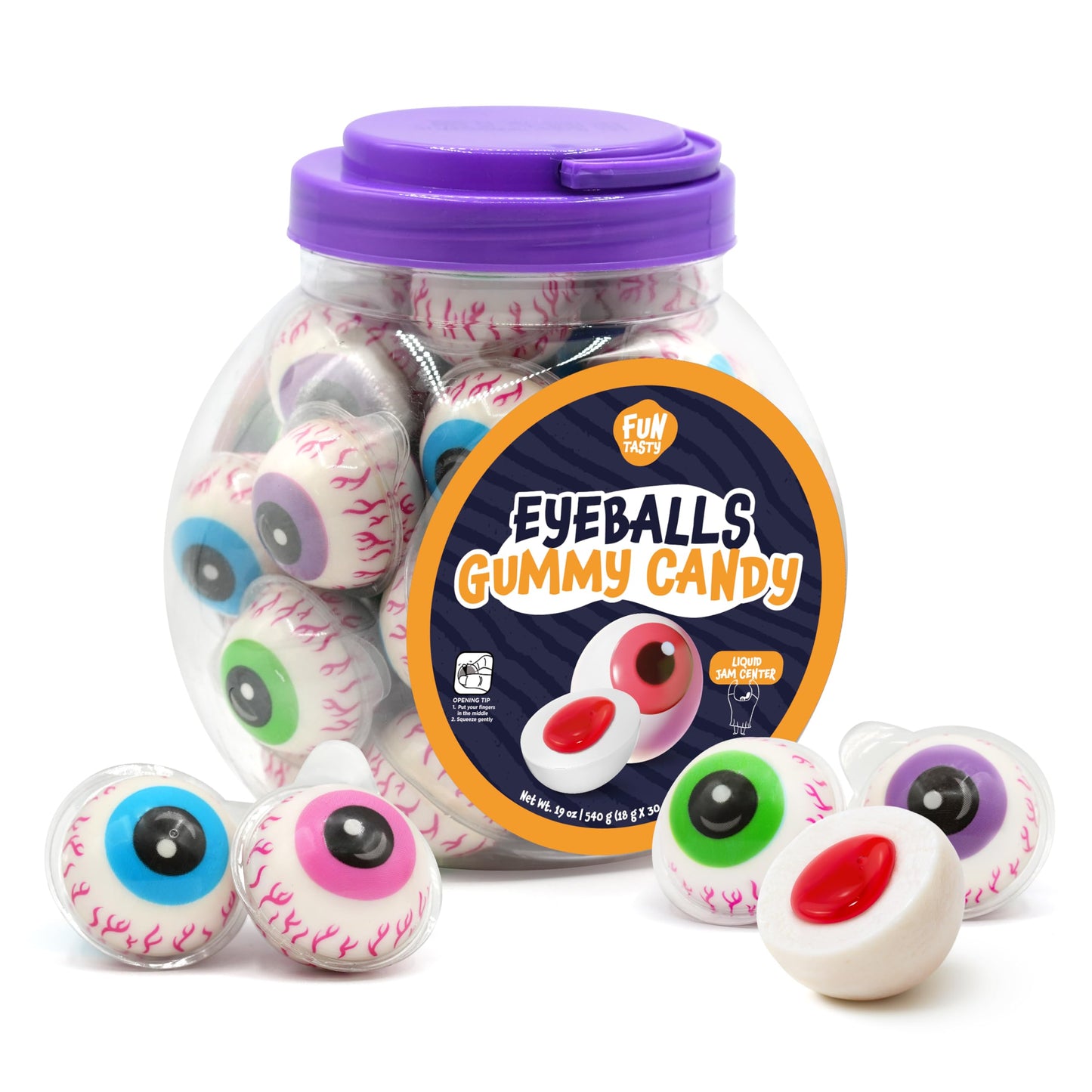 Funtasty Eyeballs Gummy Candy - 19 Oz Jar (30 Count) - Strawberry Jelly Filled Spooky Eyes Gummies