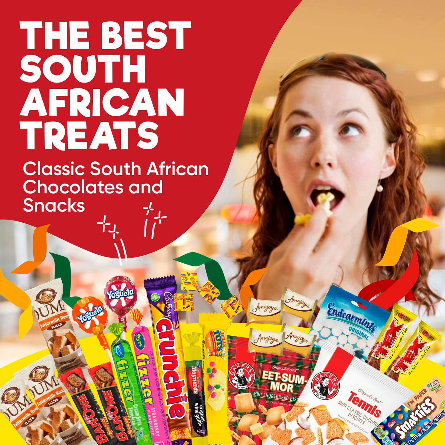 Treats from Home South African Snacks Food Box | Authentic African Candies, Chocolate Bars, & Treats | Perfect Christmas Gifts Includes Ouma Rusks, Smarties, & More | Best South African Products Care Package for Gifting & Sharing - 36 Units - Collins Global Snack Store