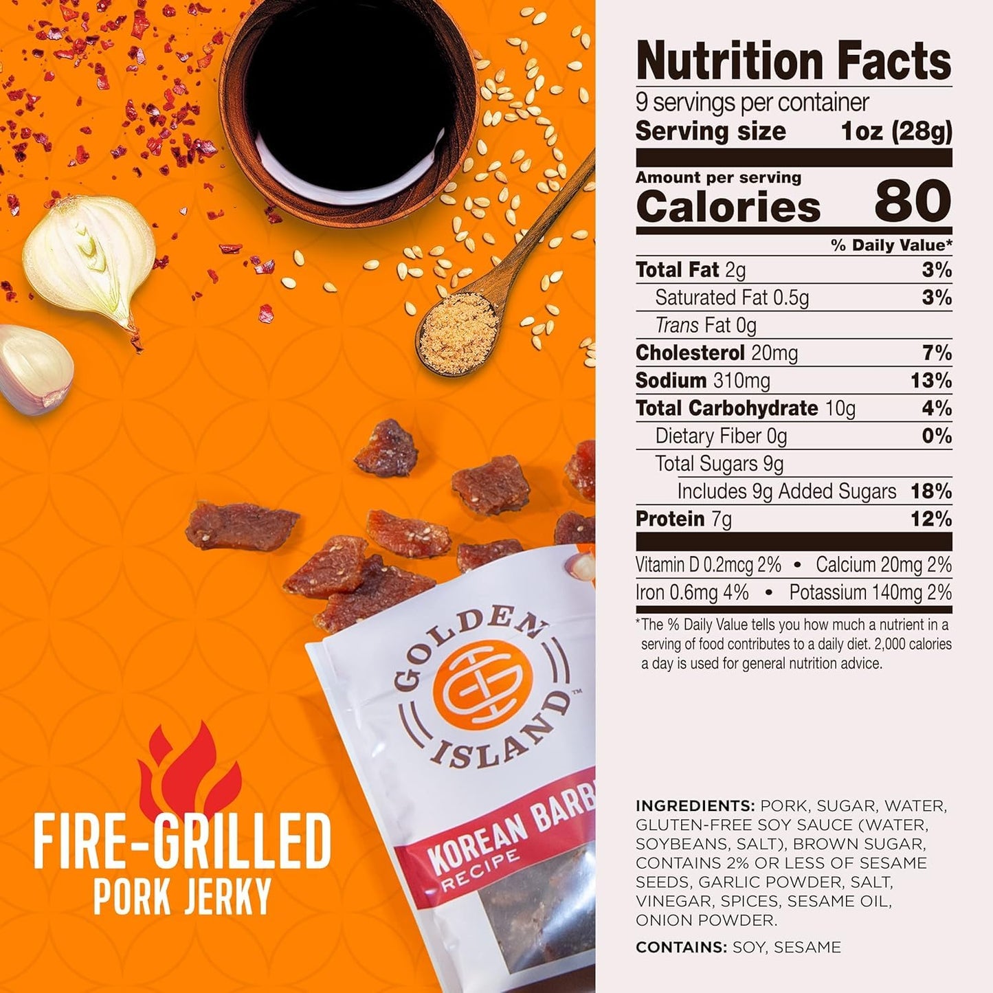 Golden Island Pork Jerky Korean BBQ Flavored, Specialty Meat Snack, Gluten Free with Korean Barbecue Seasoning, Bite Sized Sweet and Savory Protein Snack, 7g of Protein Per Serving, 9 Oz (2 Pack) - Collins Global Snack Store