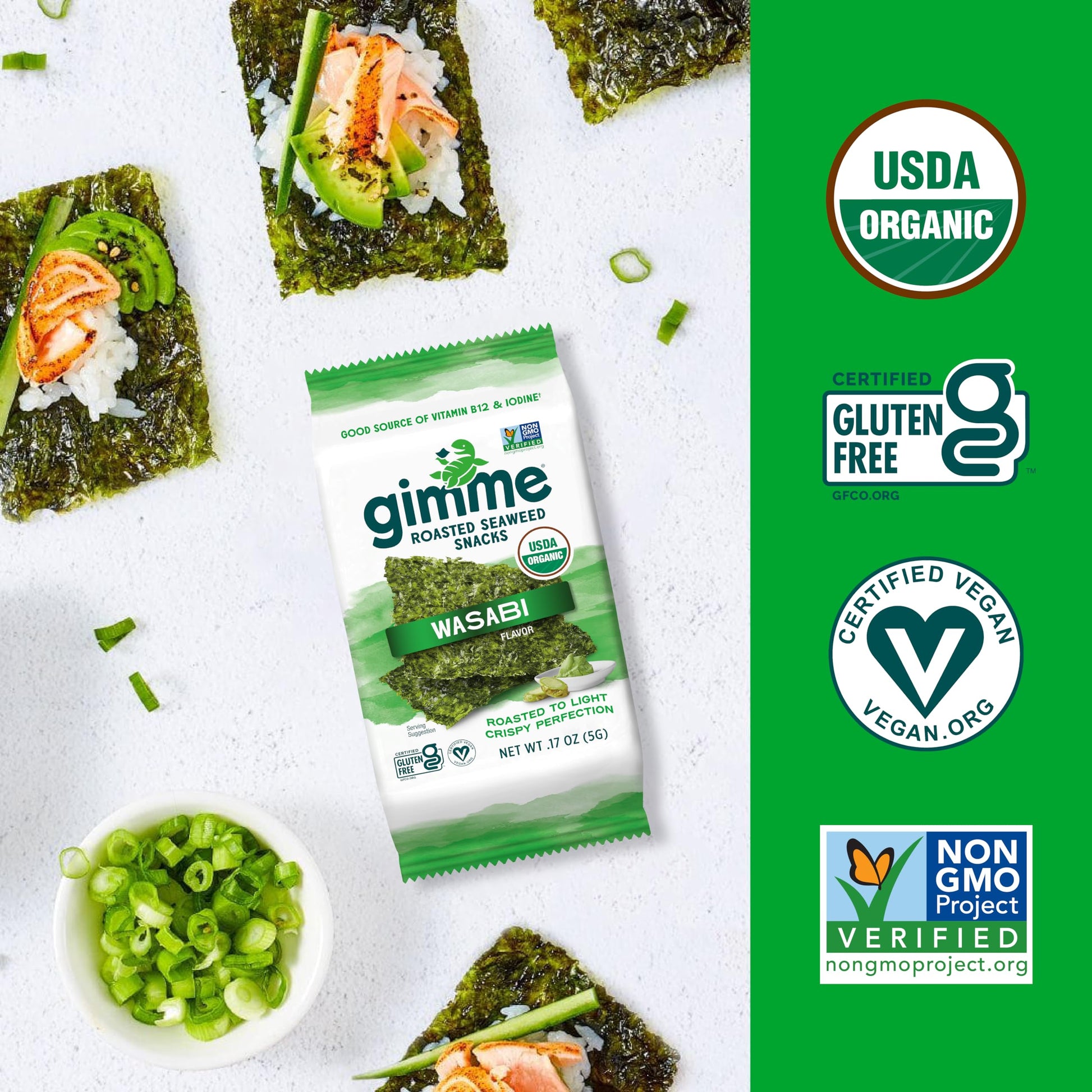 gimMe Organic Roasted Seaweed Sheets, Sea Salt, Keto, Vegan, Gluten Free, Great Source of Iodine and Omega 3’s, Healthy On-The-Go Snack for Kids & Adults, #1 Sea Salt, 0.17 Ounce (Pack of 20) - Collins Global Snack Store