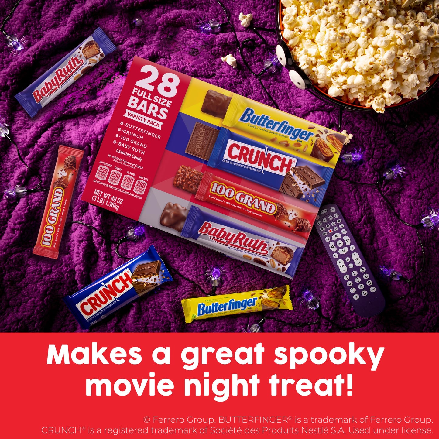 Butterfinger, CRUNCH, Baby Ruth, 100 Grand, Assorted Bulk Candy Bar Variety Pack Full Size, 28-Count, 48 oz - Collins Global Snack Store