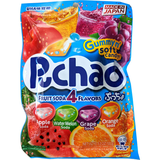 Puchao Japanese Chewy Candy, 4 Fruit Soda Flavors - Apple, Watermelon, Grape, Orange, Soft Candy with Fizzy Gummy Bits Inside, As Seen on TikTok, Variety Pack, Product of Japan - Collins Global Snack Store