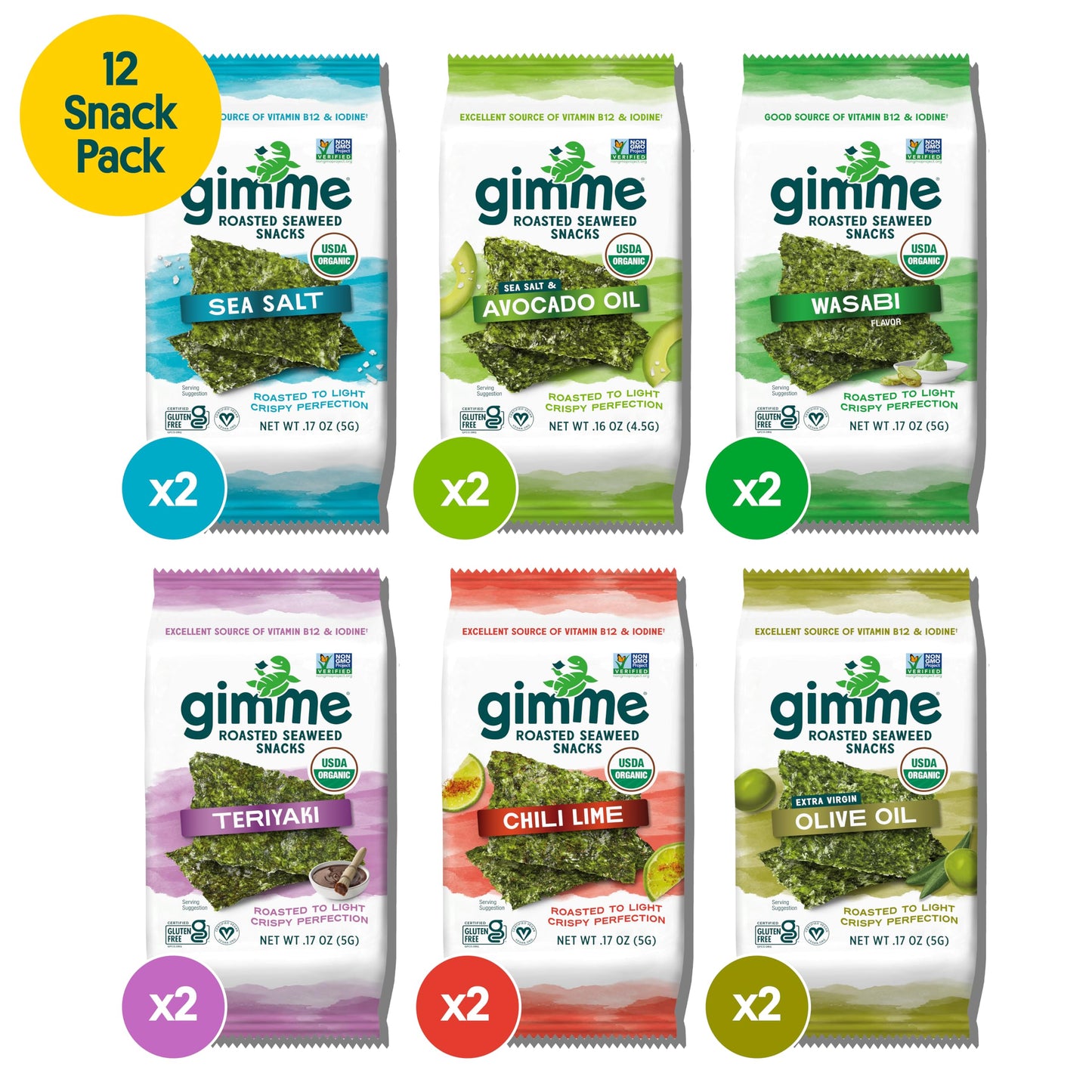gimMe Organic Roasted Seaweed Sheets, Sea Salt, Keto, Vegan, Gluten Free, Great Source of Iodine and Omega 3’s, Healthy On-The-Go Snack for Kids & Adults, #1 Sea Salt, 0.17 Ounce (Pack of 20) - Collins Global Snack Store