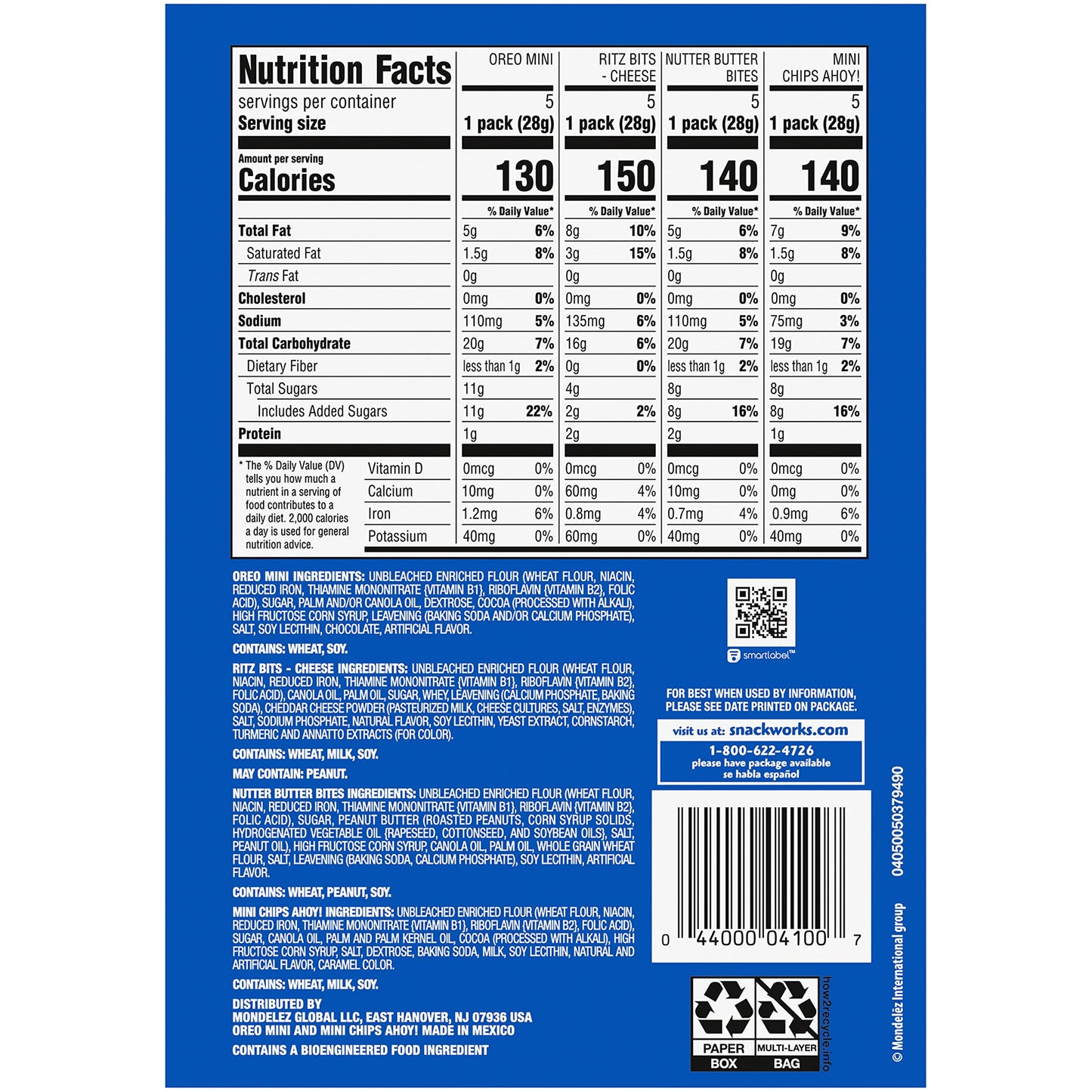 Nabisco Classic Mix Variety Pack, OREO Mini, CHIPS AHOY! Mini, Nutter Butter Bites, RITZ Bits Cheese, School Snacks, 20 - 1 oz Snack Packs - Collins Global Snack Store