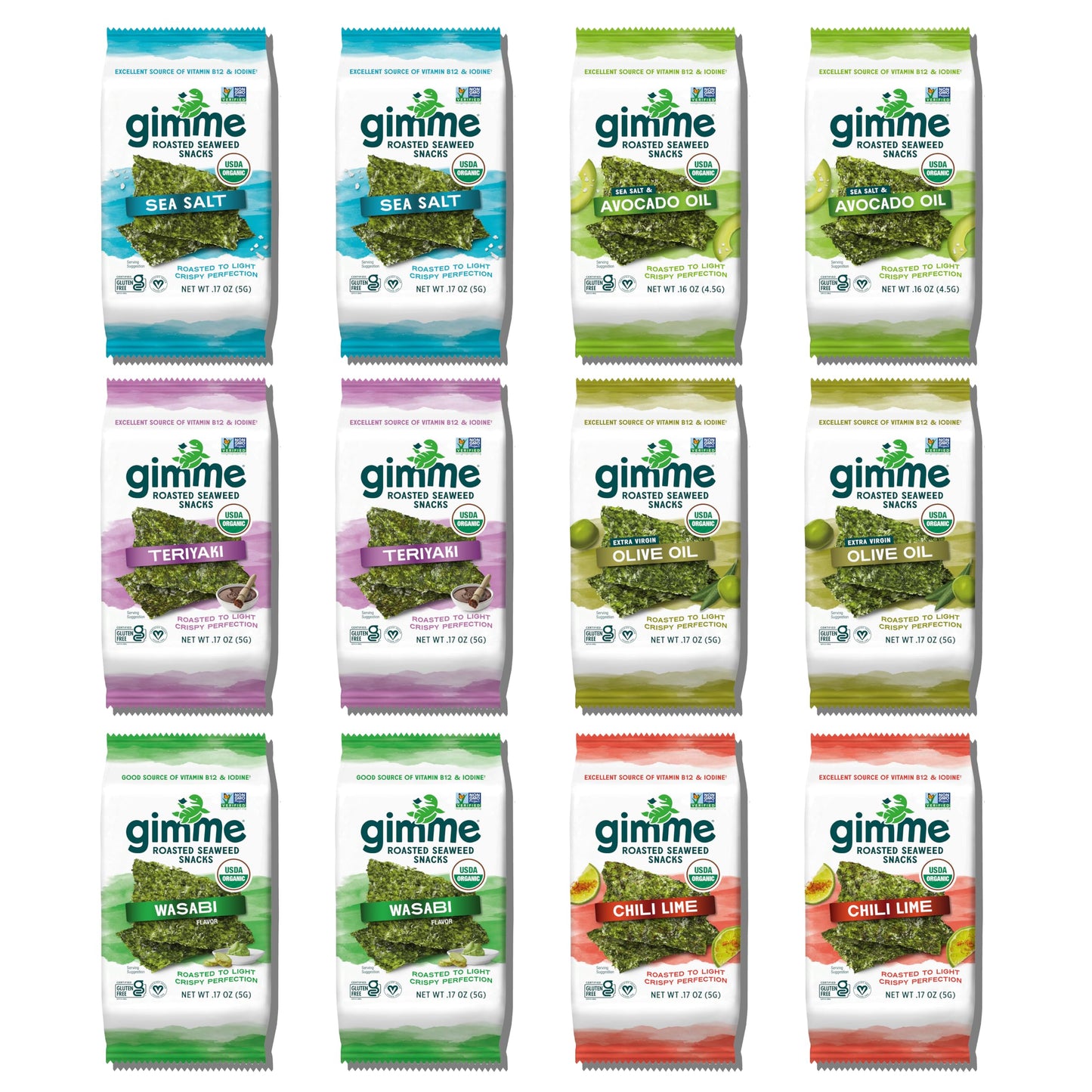 gimMe Organic Roasted Seaweed Sheets, Sea Salt, Keto, Vegan, Gluten Free, Great Source of Iodine and Omega 3’s, Healthy On-The-Go Snack for Kids & Adults, #1 Sea Salt, 0.17 Ounce (Pack of 20) - Collins Global Snack Store